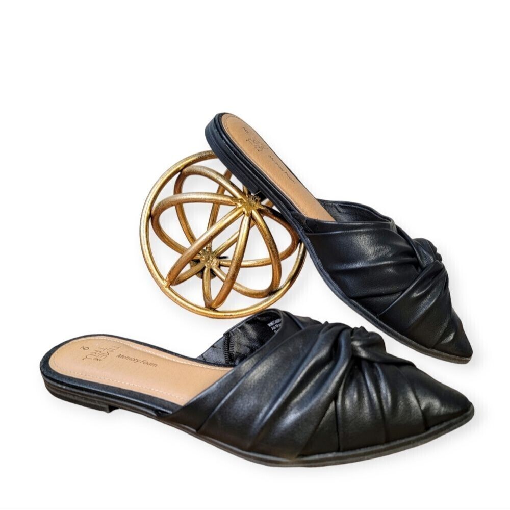 Time and Tru Black Vegan Leather Slip On Dress Twist Mule Flats Pointed Size 9